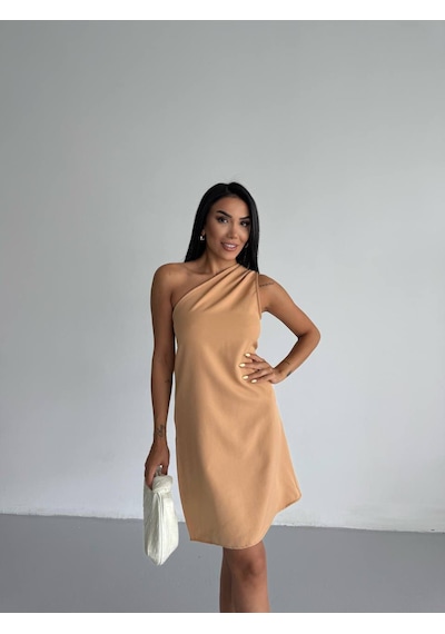 Trendhazan A Kalite Tek Omuz Double Kumaş Mini Elbise Vizon