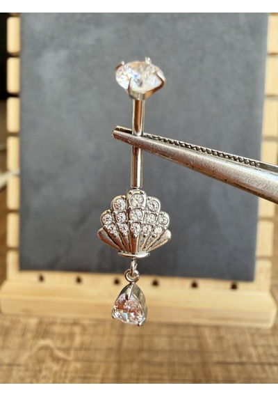%100 316 L Cerrahi Çelik Deniz Kabuğu Damla Sallantı Zirkon 10x1,6mm Altın Göbek Piercing Gümüş