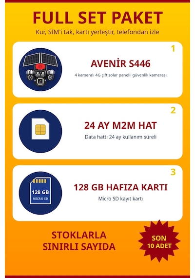 Avenir S446 4 Kameralı 3 Motorlu 4G Çift Güneş Panelli Solar Kamera Full Set + 128 GB Hafıza Kartı