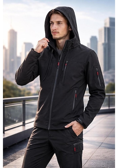 Vatan Tekstil Erkek Slim Fit Softshell Kapüşonlu Erkek Mont Su İtici Rüzgar Geçirmez Siyah