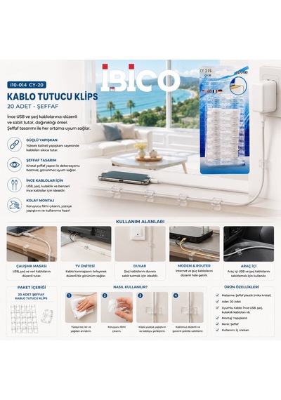İbico İ10-014 Cy-20 Kablo Tutucu Klips 20 Adet İnce Kablo Yapışkanlı Şeffaf Plastik Mika Kristal - 20'li Paket