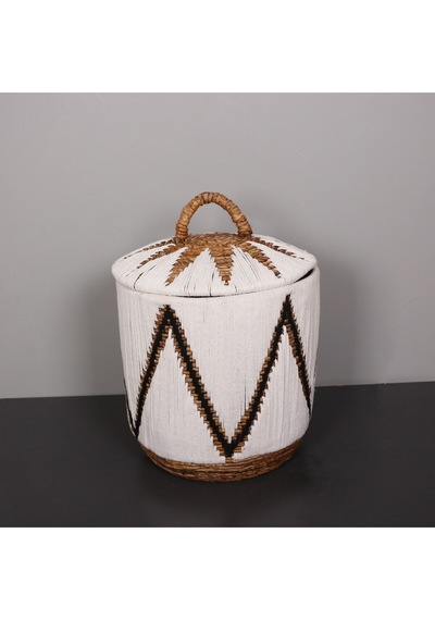 Söke Beyaz Makrome Ve Doğal Abaka - Kapaklı Sepet 52x50 Cm Beyaz