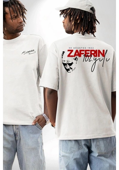 Freedom Storee 30 Ağustos Zafer Bayramı Ön Arka Baskılı Oversize Bisiklet Yaka T-shirt - Beyaz Çok Renkli
