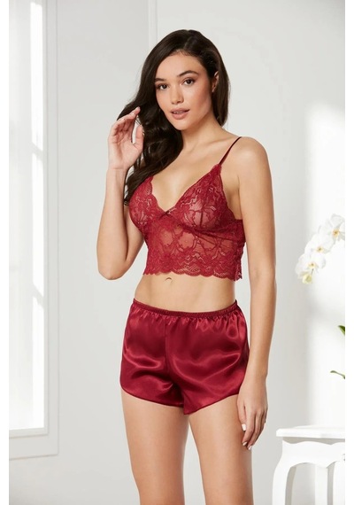 Pierre Cardin 7005+gc225 Çeyizlik Terlikli Şifon Dantelli Saten 4'lü Set -bordo