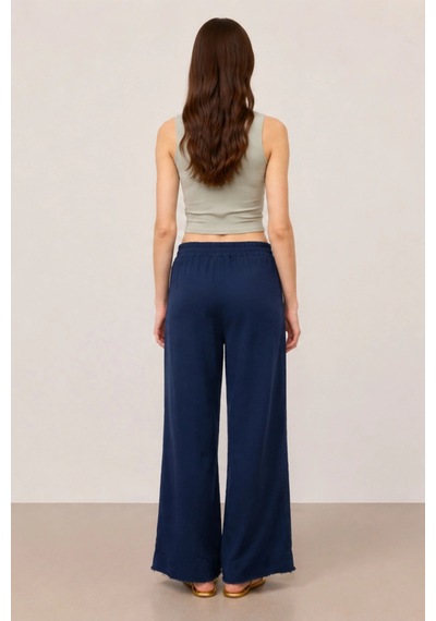 Dıanna Kadın Beli Lastikli Wide Leg Müslin Pantolon %100 Pamuk Geniş Bol Paça Rahat Ofis & Günlük Stil Lacivert