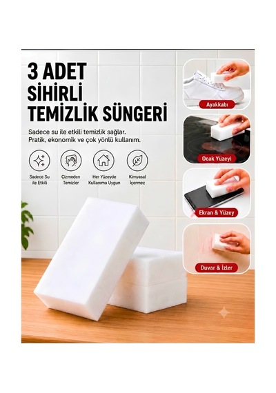 3 Adet Sihirli Sünger, Torpido Süngeri, Ayakkabı Süngeri, Melamin Sünger, Yazı Silen Duvar Süngeri