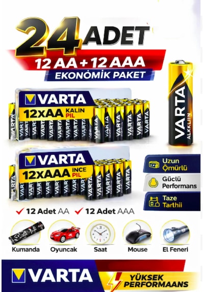 Aa + Aaa Pil 24'lı Set 12 Aa + 12 Aaa 1.5v Ekonomik Toplu Paket Çinko Karbon