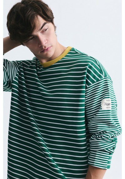 Vamos Kontrast Yaka Çizgili Sweatshirt Ekru-yeşil