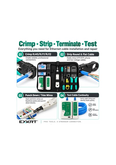Ağ Alet Seti, Kablo Test Cihazı İle Rj45 Sıkma Aleti Seti, Punch Down Aleti, Tel Soyucular, Cat5 Cat5e Cat6 Ethernet Kablosu Onarımı İçin 10 Rj45 Konnektörler Ve Tornavidalar