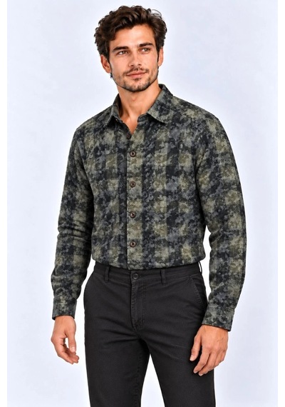 Erkek Ekose Kareli Batik Yıkamalı Şardonlu Uzun Kollu Regular Fit Oduncu Gömlek - Haki Çok Renkli