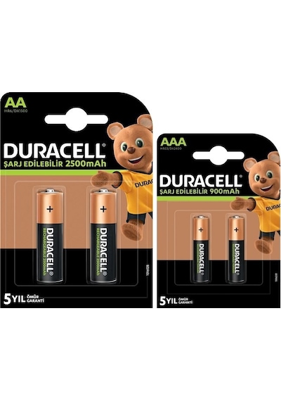Duracell HR6/DX1500 2500 mAh AA Şarjlı Kalem Pil 2'li + Duracell HR03/DX2400 900 mAh AAA Şarjlı İnce Pil 2'li