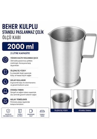 Beher Kulplu Standlı Paslanmaz Çelik 2 L - Ölçü Kabı 2000 Ml