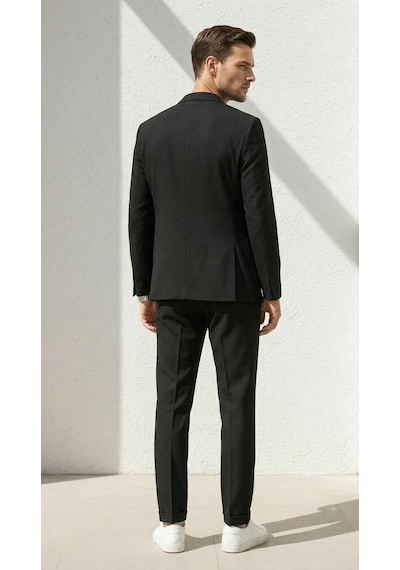 Erkek Gofre Desenli Takım Elbise Bağcıklı Pantolon Duble Paça Tek Düğme Modern Slim Fit Siyah