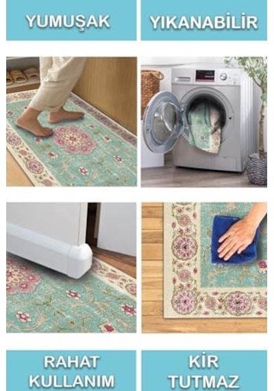 Ayrex Desenli Şönil Pamuk Tabanlı Yıkanabilir Kaymaz Antibakteriyel Salon Halısı 80x300 Diğer