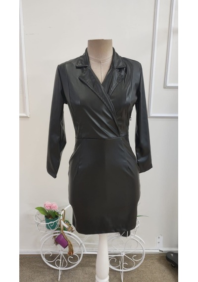 Bhrwear Kadın Uzun Kollu Kruvaze Yakalı Kısa Deri Elbise Renkli