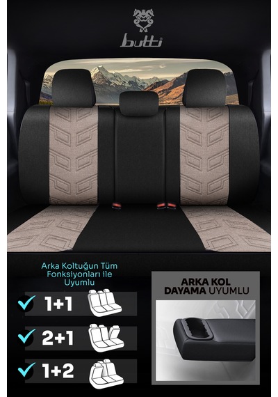 Bej - Siyah Butti Bello Serisi Keten Kumaş Premium Oto Koltuk Kılıfı Ortopedik Destekli, Ön Arka Tam Set