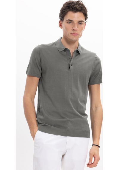 Tudors Erkek Slim Fit Dar Kesim Pamuklu Örme Triko Gri Polo Yaka Tişört-46226