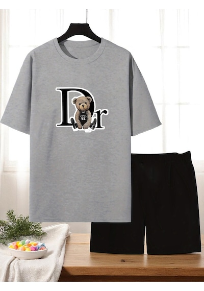 Uyguntarz Unisex Dr. Ayı Tasarım Basklı Tshirt Şort Takımı Gri