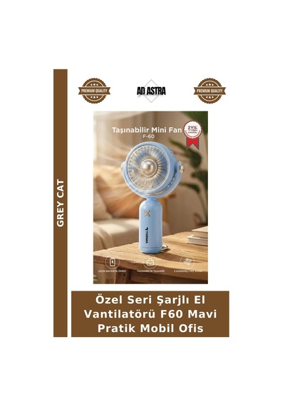 Özel Seri Şarjlı El Vantilatörü F60 Mavi Pratik Mobil Ofis