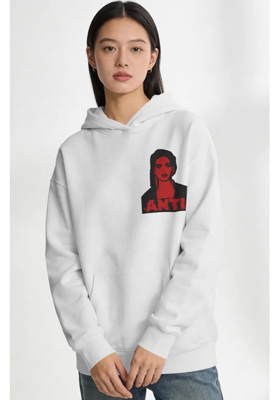 Sevbano Rihanna Şarkıcı Sırt Baskılı Unisex Oversize Penye Hoodie beyaz