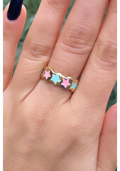 Niki Aksesuar Mineli Pembe-mint Yeşili Yıldızlı Ayarlanabilir Altın Yüzük Pembe - Mint Yeşili