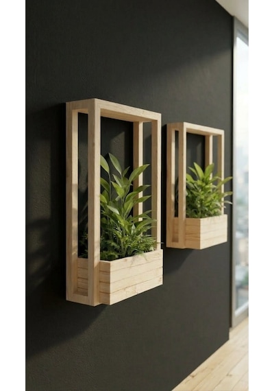 Delmesiz Montaj Masif Ahşap Duvar Saksılığı - Çift Taraflı Bantlı Dekoratif Çiçeklik 40x100 Cm Bej