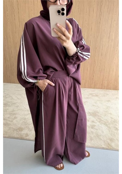 Neşeli Butik Kadın Bordo Şerit Detaylı Oversize Tunik Pantolon İkili Tesettür Takım Nms102