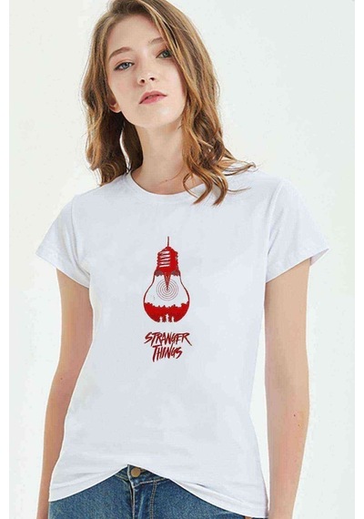 Stranger Things Ampul Baskılı Beyaz Kadın Tshirt