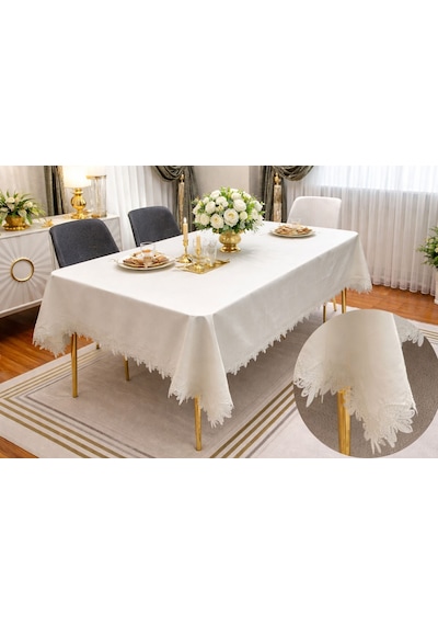 Goldroom Home Fransız Dantelli Linen Kumaştan 160 220 Lüks Masa Örtüsü Krem
