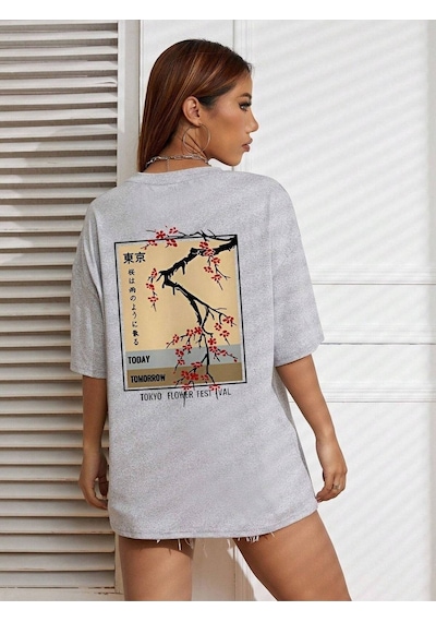 Flower Festival T-shirt - Gri Baskılı Oversize Bisiklet Yaka Kısa Kol Gri