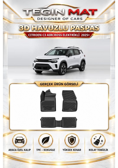 Citroen C3 Aircross 2025+ Elektrikli 3d Havuzlu Paspas + 3d Bagaj Havuzu Seti Sabit Zemin Siyah