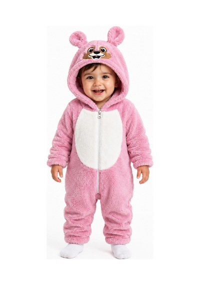 Chicsy Baby Tatlı Kız Bebek Welsoft Tulum Hayvan Yüzü Nakışlı Kulaklı Kapüşonlu Fermuarlı Peluş Kışlık Bebek Tulumu Gül Kurusu