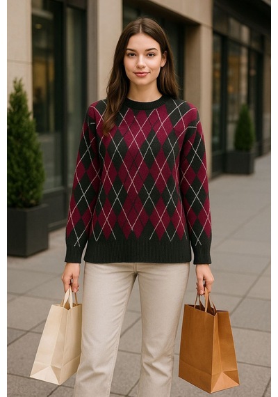 Hira Life Fashion Kadın Şardonlu Bisiklet Yaka Ve Baklava Desenli Triko Uzun Kazak Bordo Bordo Hira Life Fashion Kadın Şardonlu Bisiklet Yaka Ve Baklava Desenli Triko Uzun Kazak Bordo Bordo