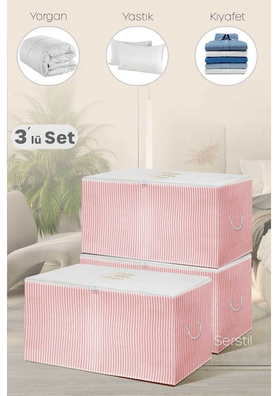 Serstil 3 Adet - Büyük Boy Pembe Çizgili Hurç - 74 X 46 X 46 Cm