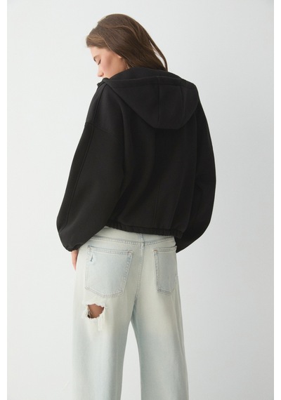ETHIQUET VA IT Kadın Çift Cepli Eteği Ve Kol Ucu astikli Fermuarlı Oversize Siyah Sweatshirt