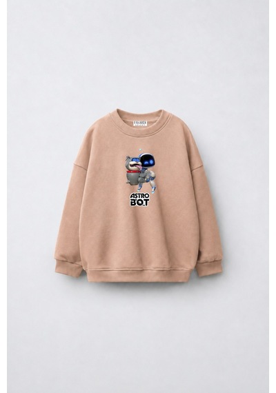 Fasardi Astro Bot Baskılı Oversize 3 İplik Şardonsuz Uzun Kollu Unisex Çocuk Sweatshirt Bej