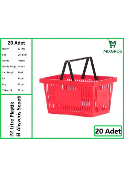 Plastik Market Alışveriş El Sepeti 22 Litre Kırmızı 20 Adet Kırmızı