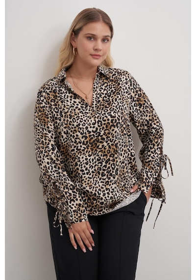 Myline Bağlama Detaylı Leopar Bluz-2568 Kahverengi