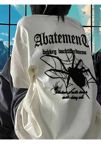 Kadın Tişört Örümcek Baskılı Bisiklet Yaka T-shirt - Beyaz
