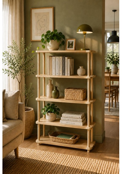 Tridihome 5 Katlı Kolay Kurulum Çok Amaçlı Raf Ünitesi Salon Ofis Çocuk Odası Doğal Ahşap Kitaplık Natural Ahşap