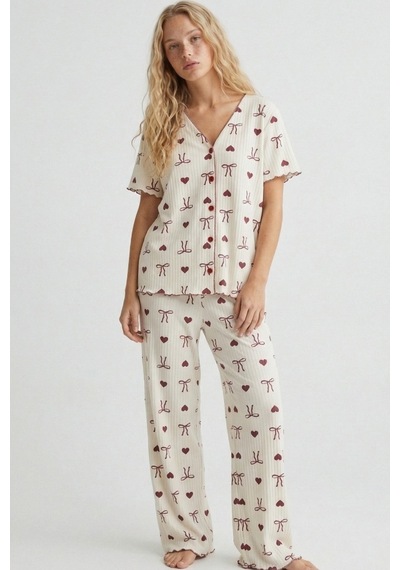 Siyah İnci Yumuşak Tuşe Yazlık Fitilli Pamuklu Örme Pijama Takım 7994 Bordo Fiyonk