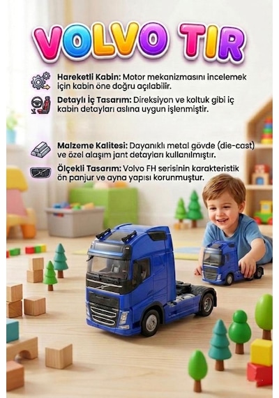 Işıklı Sesli Pilli Çek Bırak Mekanizmalı Öne Doğru Açılan Kabinli 11cm Dorsesiz Oyuncak Tır Mavi