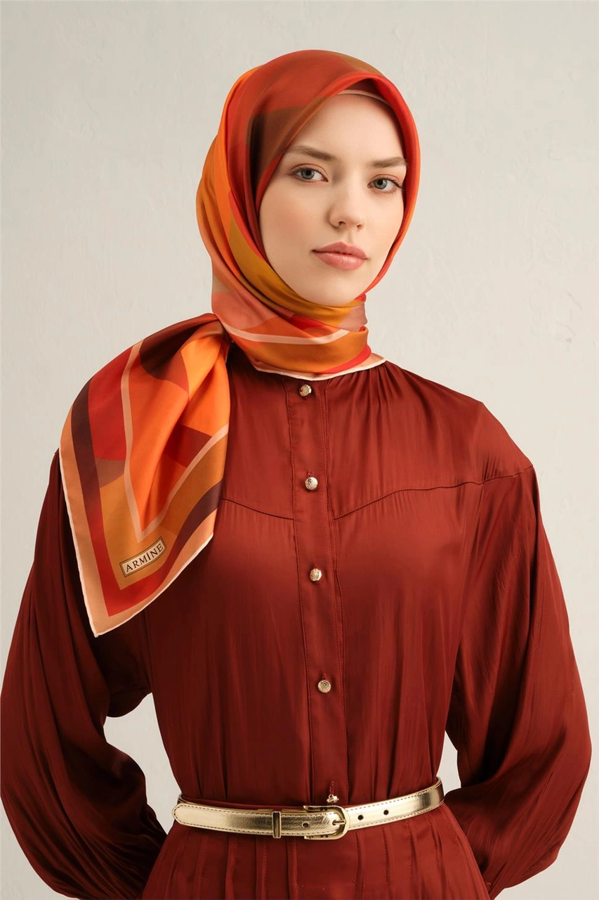 Armine Geometrik Desenli Saf İpek Twill Eşarp 9331d 33 Turuncu