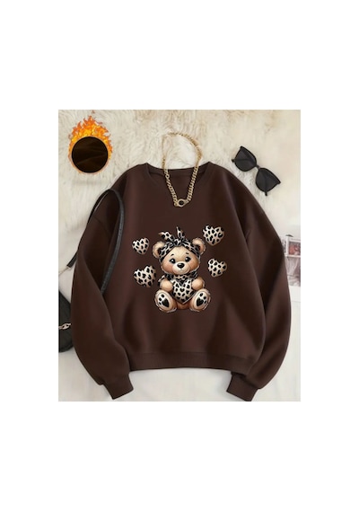 Herkesemoda Sevimli Ayıcık Baskı Detaylı Bisiklet Yaka Sweatshirt Kahverengi