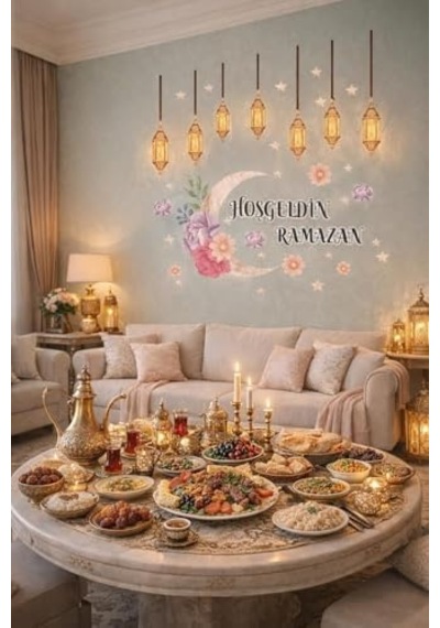 Sticker Hoş Geldin Ramazan Dekorlu Ahşap Kapı Süsü, Ramazan Süsleri, Ramazan Tavan Süsü Ramazan Dekorasyon