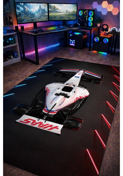 Formula 1 Beyaz Yarış Arabası Halı Kaymaz Taban Yıkanabilir Modern Halı F1.5