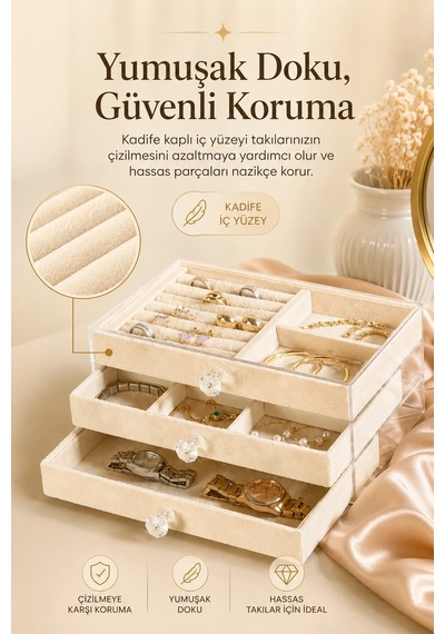 Şeffaf Kapaklı Kadife Takı Kutusu Çekmeceli Yüzük Kolye Saat Organizeri