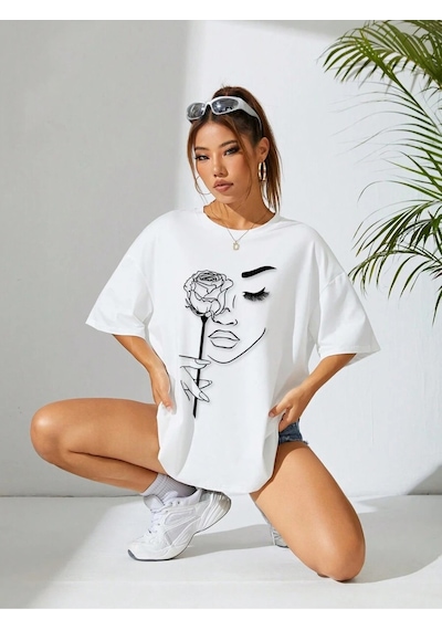Uyguntarz Unisex Gül & Siluet Baskılı Tasarım Tshirt Beyaz