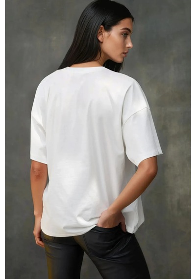 Hiccup Kadın %100 Pamuk Bisiklet Yaka Oversize Beyaz Baskılı T-shirt Kehribar Sarısı