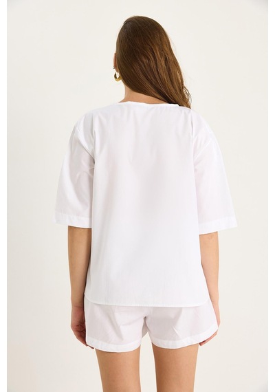 Shade Kadın Masai Bağlamalı Gömlek Beli Lastikli Cep Detaylı Şort Poplin Takım 9371 60281097 - Beyaz